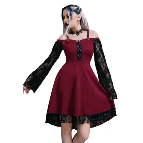 Gothic Flared Lace Sleeve Vintage Style Dress Grunge Fairy Lace Patchwork Black Y2K Punk Mall Goth Rock Kawaii Cute Sexy Floral