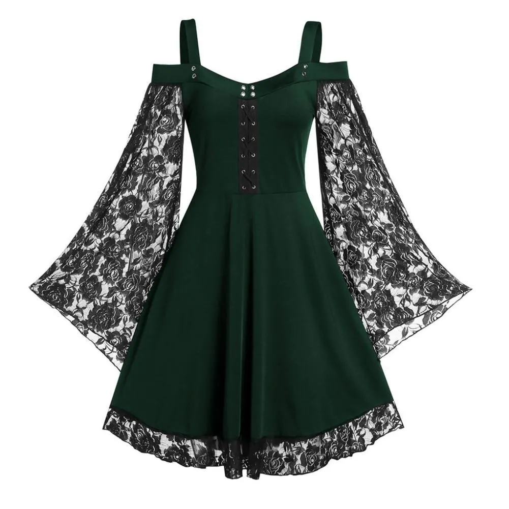 Gothic Flared Lace Sleeve Vintage Style Dress Grunge Fairy Lace Patchwork Black Y2K Punk Mall Goth Rock Kawaii Cute Sexy Floral