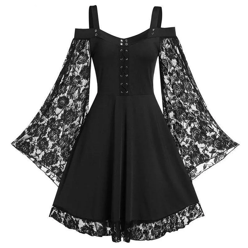 Gothic Flared Lace Sleeve Vintage Style Dress Grunge Fairy Lace Patchwork Black Y2K Punk Mall Goth Rock Kawaii Cute Sexy Floral