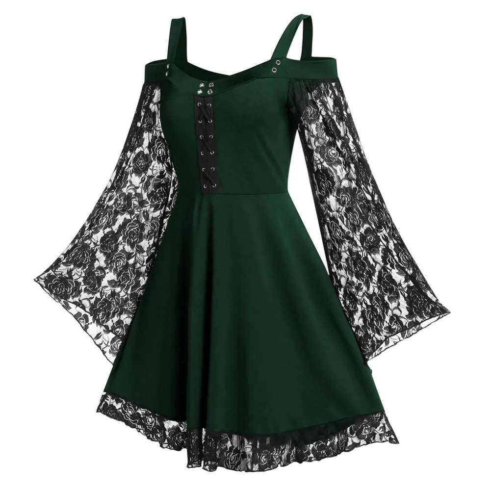 Gothic Flared Lace Sleeve Vintage Style Dress Grunge Fairy Lace Patchwork Black Y2K Punk Mall Goth Rock Kawaii Cute Sexy Floral