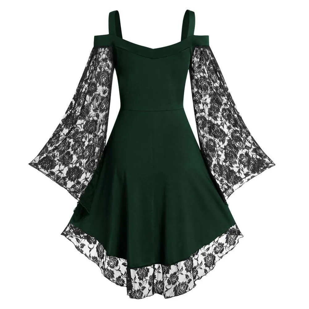 Gothic Flared Lace Sleeve Vintage Style Dress Grunge Fairy Lace Patchwork Black Y2K Punk Mall Goth Rock Kawaii Cute Sexy Floral