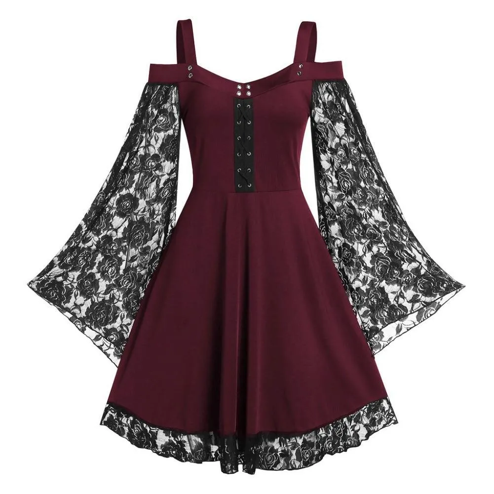 Gothic Flared Lace Sleeve Vintage Style Dress Grunge Fairy Lace Patchwork Black Y2K Punk Mall Goth Rock Kawaii Cute Sexy Floral
