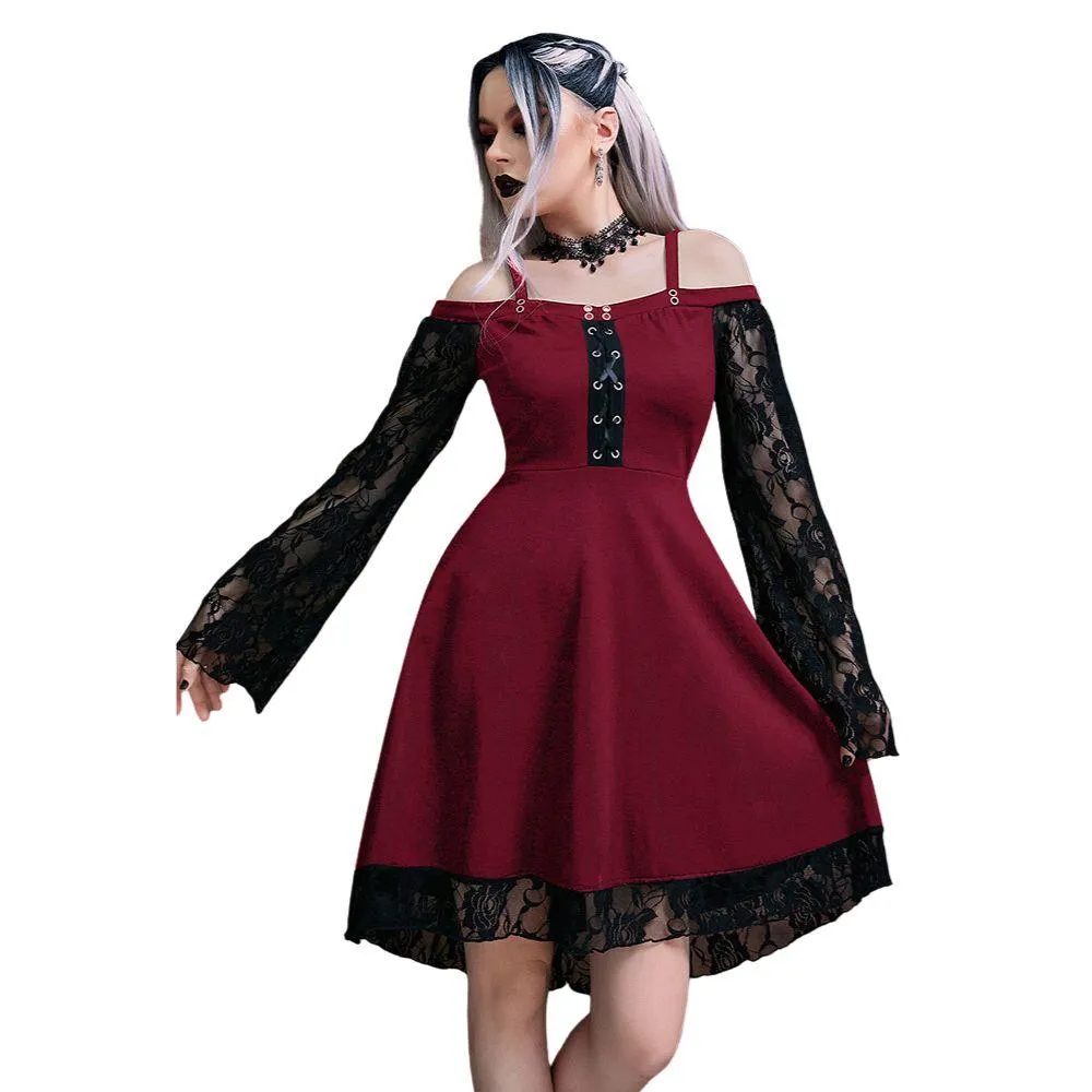 Gothic Flared Lace Sleeve Vintage Style Dress Grunge Fairy Lace Patchwork Black Y2K Punk Mall Goth Rock Kawaii Cute Sexy Floral