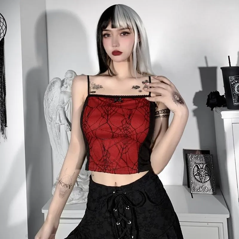 Gothic Spiderweb Net Mesh Panel Camisole: Lace Trim and Bow Detail Pink, White and Red