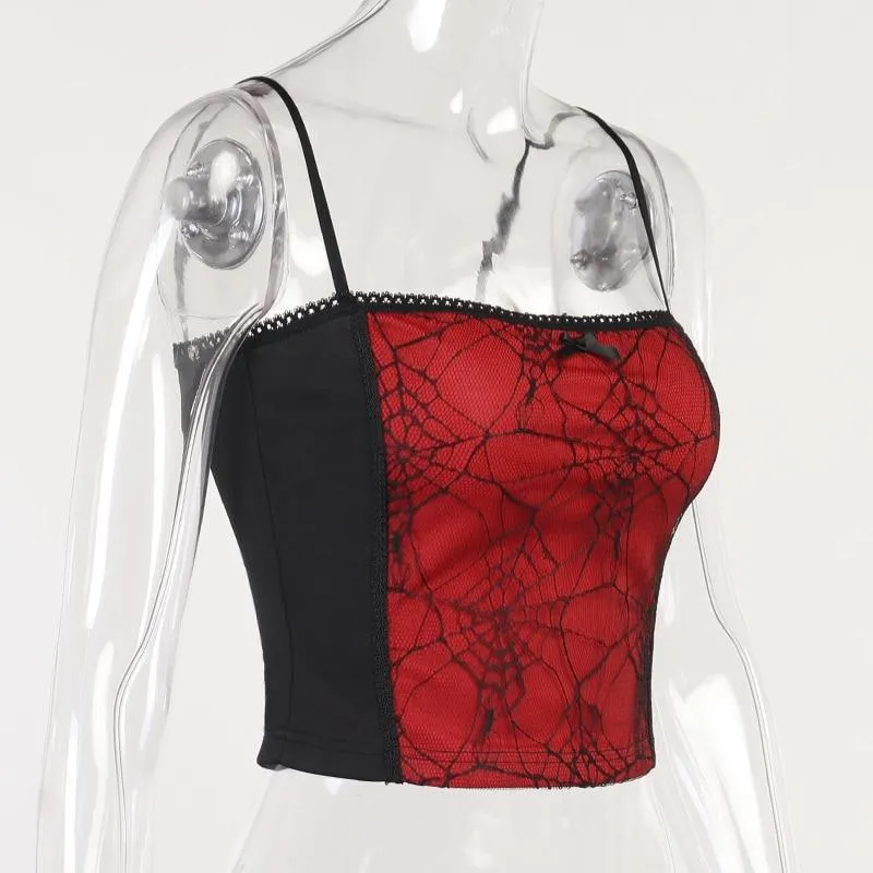 Gothic Spiderweb Net Mesh Panel Camisole: Lace Trim and Bow Detail Pink, White and Red