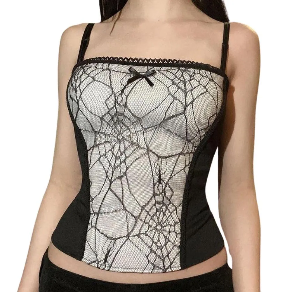 Gothic Spiderweb Net Mesh Panel Camisole: Lace Trim and Bow Detail Pink, White and Red