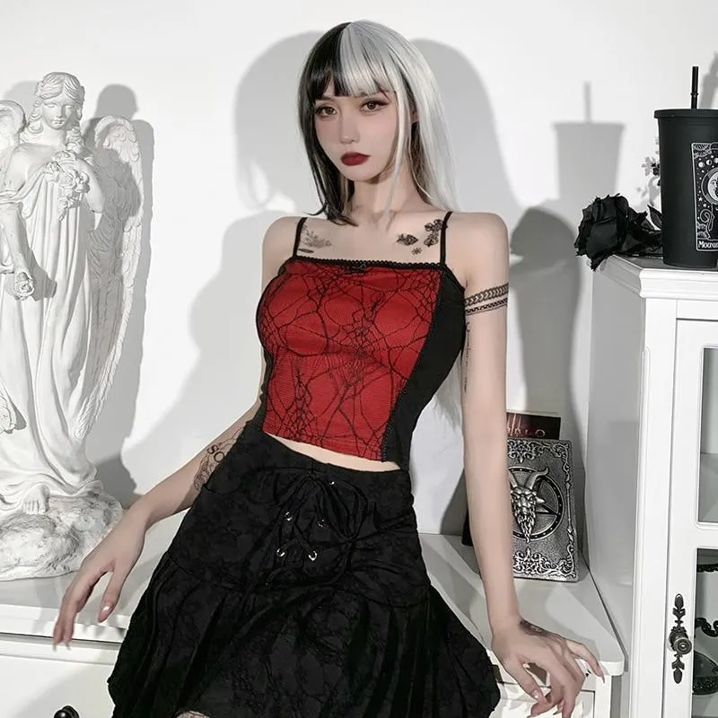 Gothic Spiderweb Net Mesh Panel Camisole: Lace Trim and Bow Detail Pink, White and Red