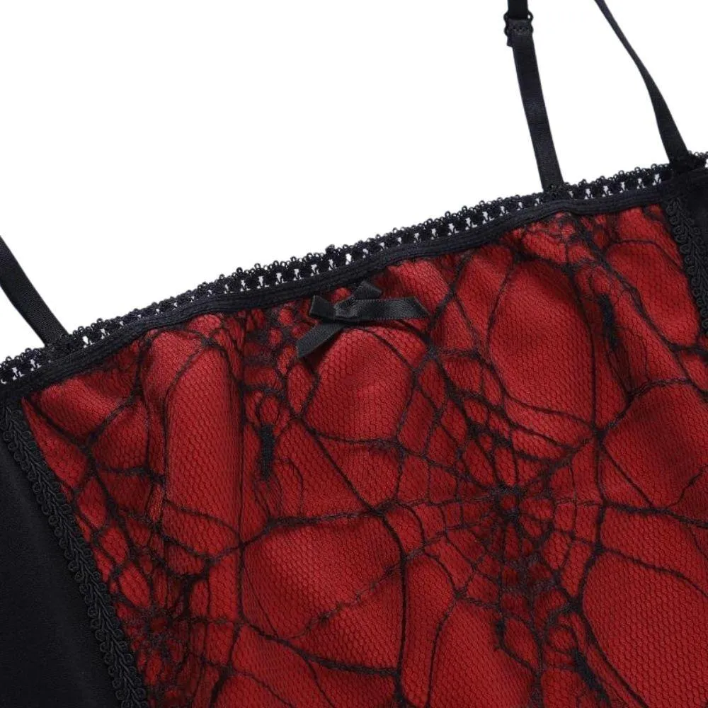 Gothic Spiderweb Net Mesh Panel Camisole: Lace Trim and Bow Detail Pink, White and Red