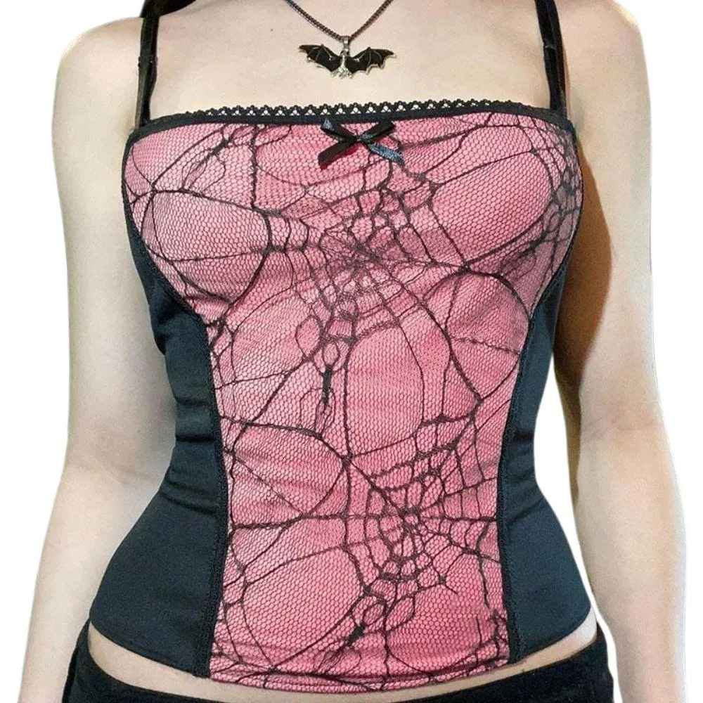 Gothic Spiderweb Net Mesh Panel Camisole: Lace Trim and Bow Detail Pink, White and Red