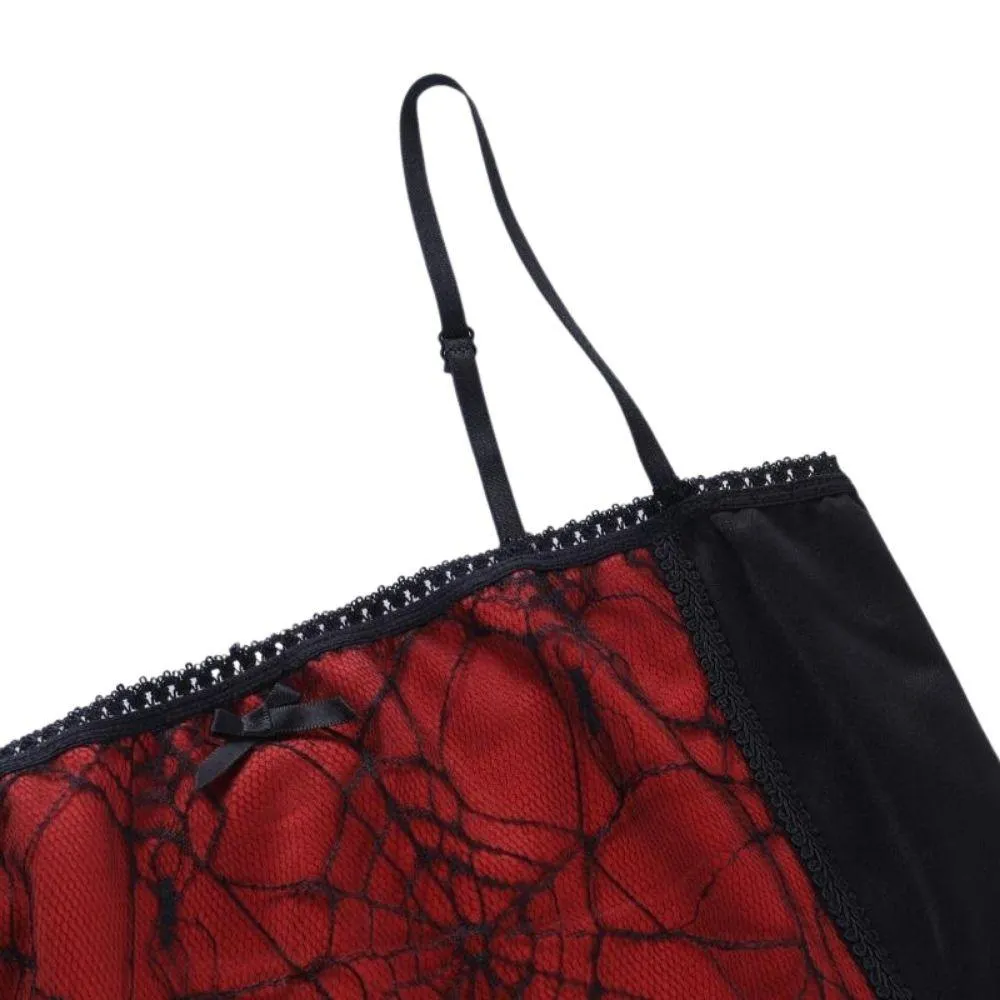 Gothic Spiderweb Net Mesh Panel Camisole: Lace Trim and Bow Detail Pink, White and Red