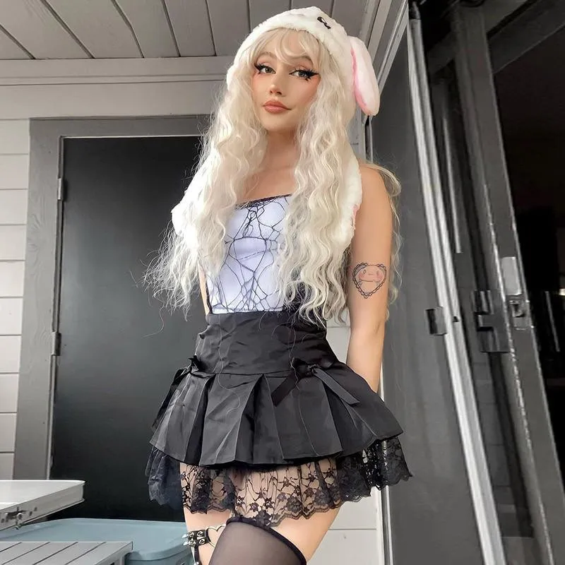Gothic Spiderweb Net Mesh Panel Camisole: Lace Trim and Bow Detail Pink, White and Red