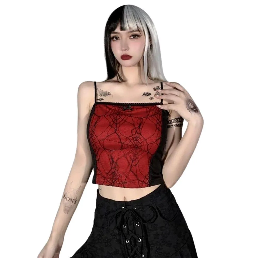 Gothic Spiderweb Net Mesh Panel Camisole: Lace Trim and Bow Detail Pink, White and Red