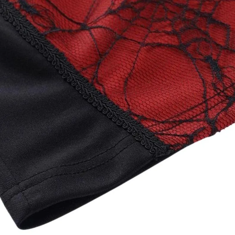 Gothic Spiderweb Net Mesh Panel Camisole: Lace Trim and Bow Detail Pink, White and Red
