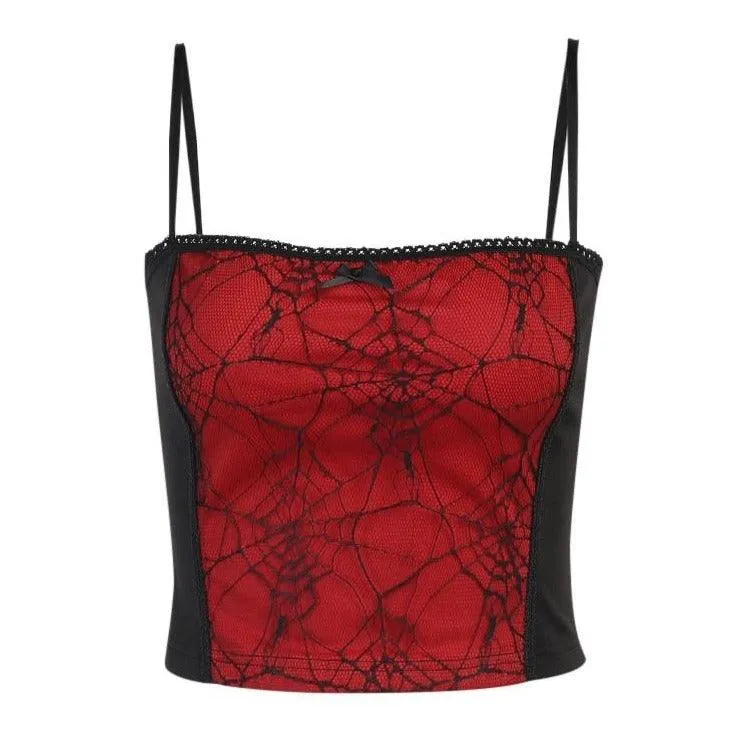 Gothic Spiderweb Net Mesh Panel Camisole: Lace Trim and Bow Detail Pink, White and Red