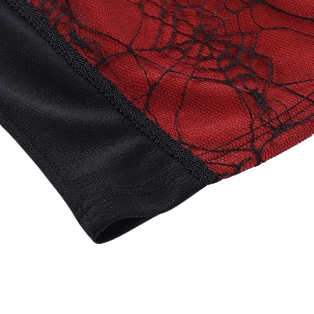 Gothic Spiderweb Net Mesh Panel Camisole: Lace Trim and Bow Detail Pink, White and Red