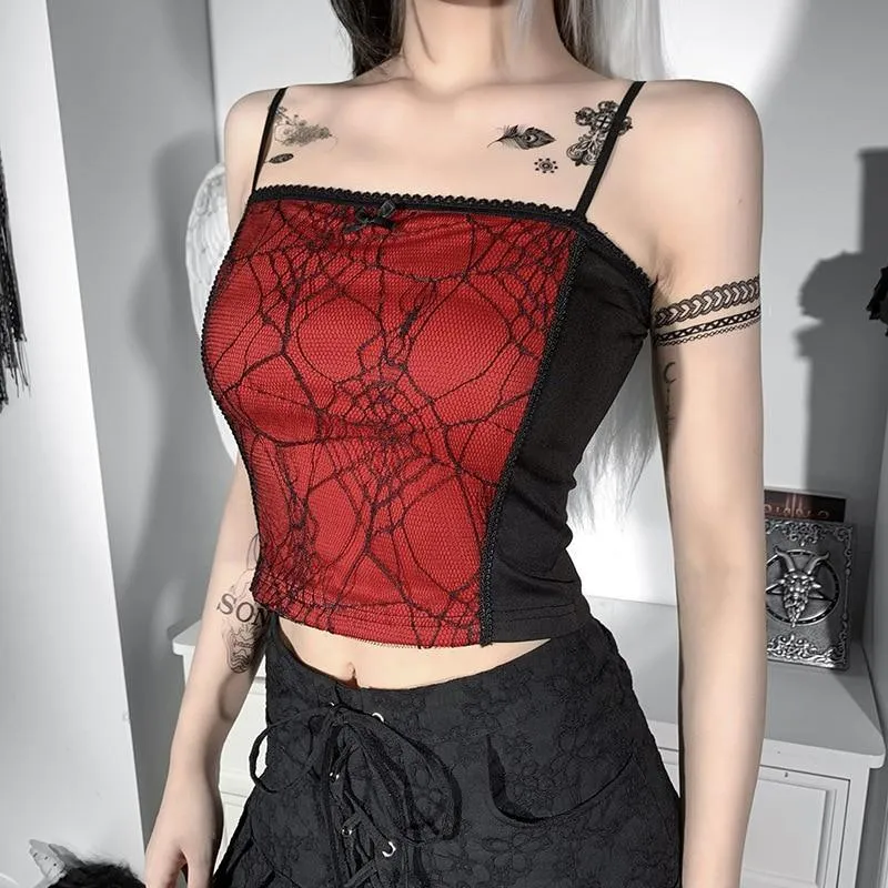 Gothic Spiderweb Net Mesh Panel Camisole: Lace Trim and Bow Detail Pink, White and Red