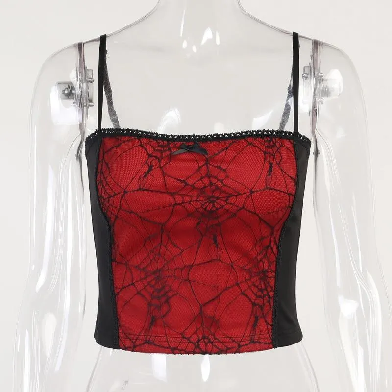 Gothic Spiderweb Net Mesh Panel Camisole: Lace Trim and Bow Detail Pink, White and Red