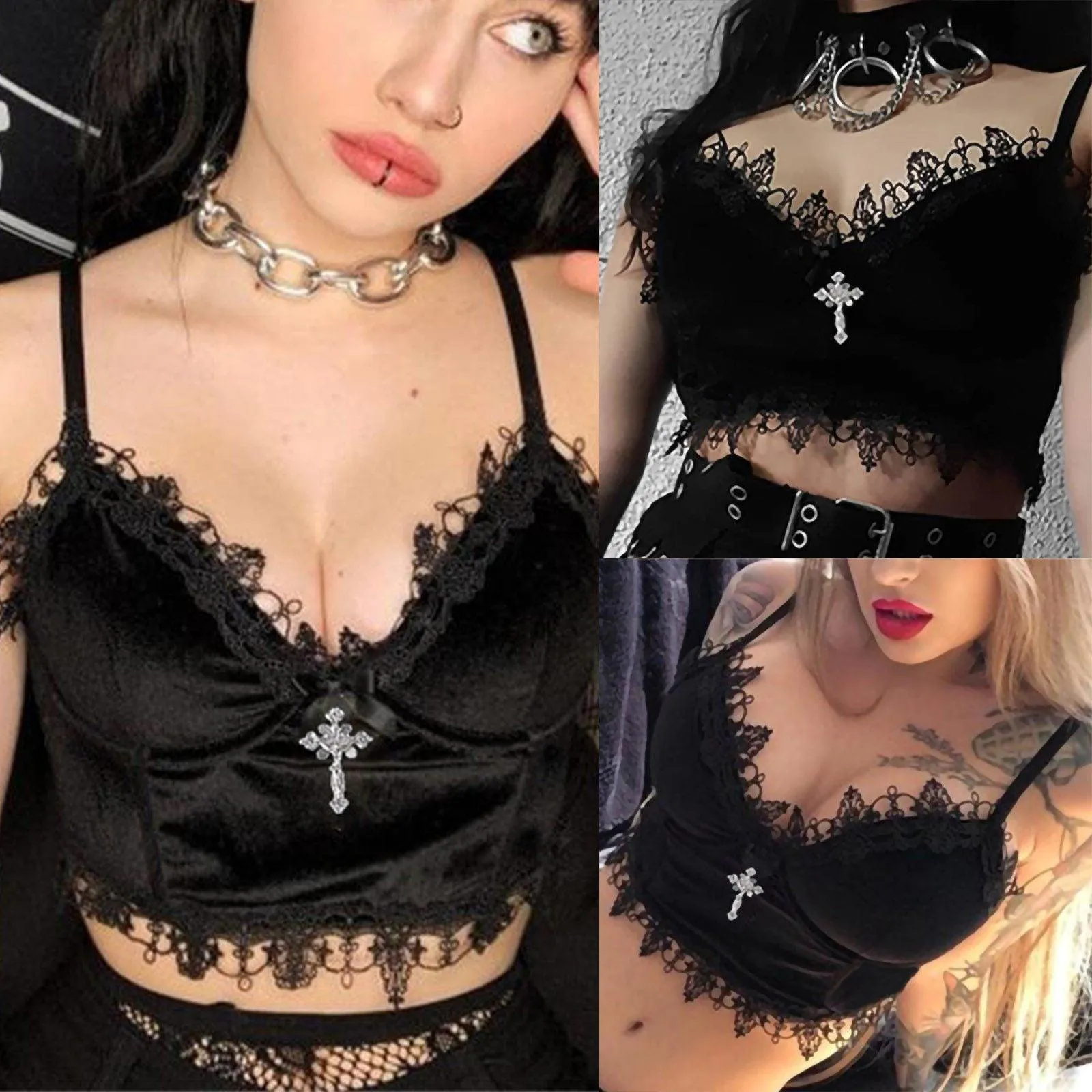 Gothic Velvet Camisole - with Lace, Ribbon and Crucifix Details Vintage - Ideal for Gothic Style Rock Punk Emo styling