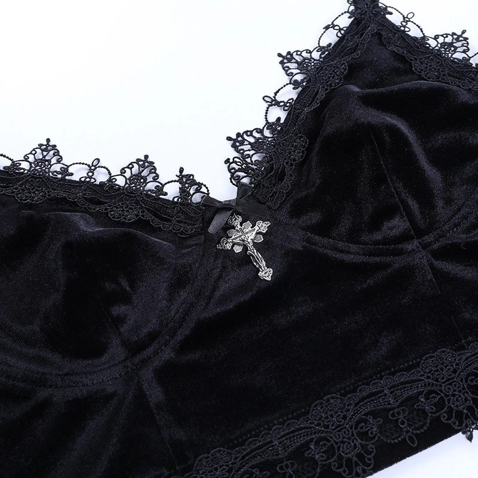 Gothic Velvet Camisole - with Lace, Ribbon and Crucifix Details Vintage - Ideal for Gothic Style Rock Punk Emo styling