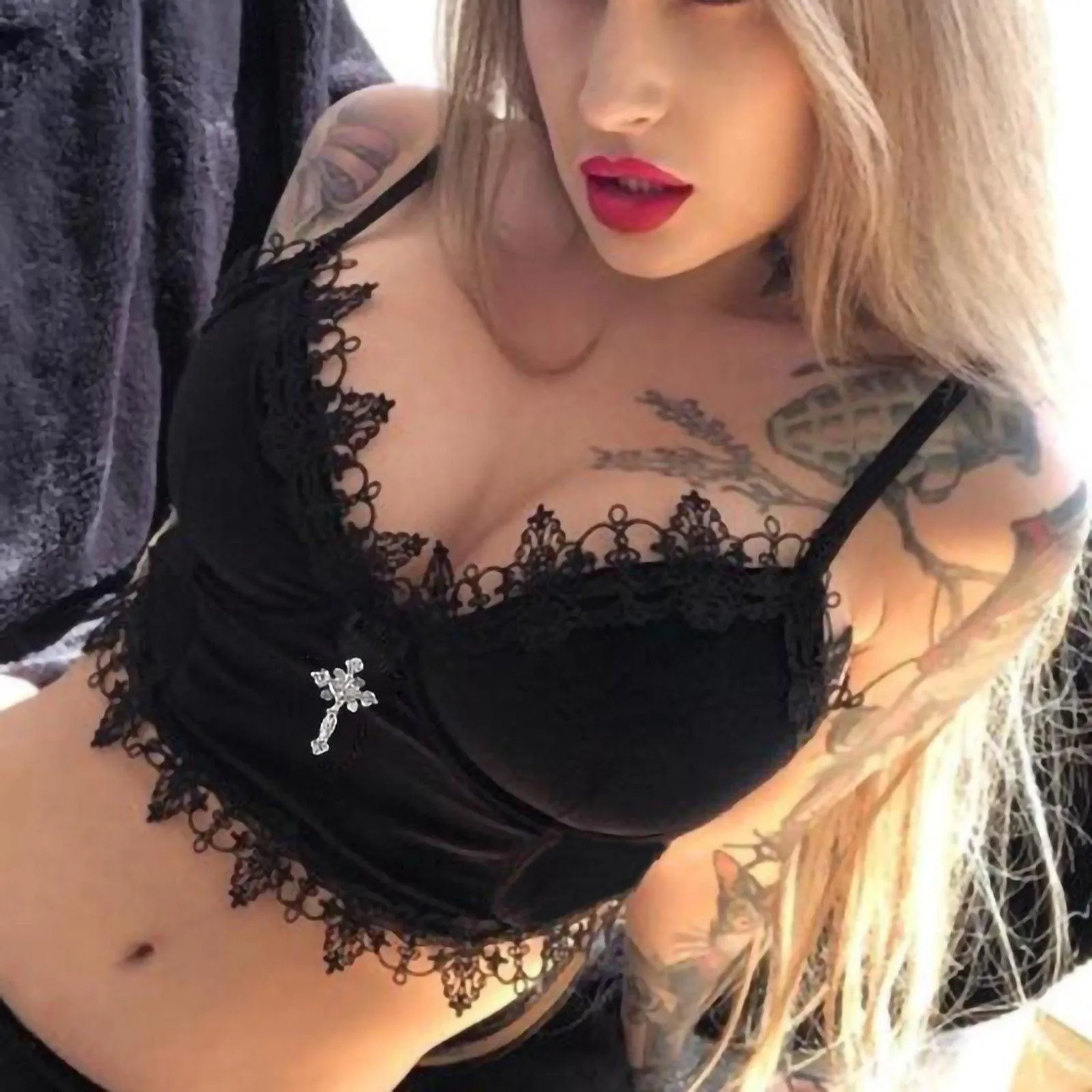 Gothic Velvet Camisole - with Lace, Ribbon and Crucifix Details Vintage - Ideal for Gothic Style Rock Punk Emo styling