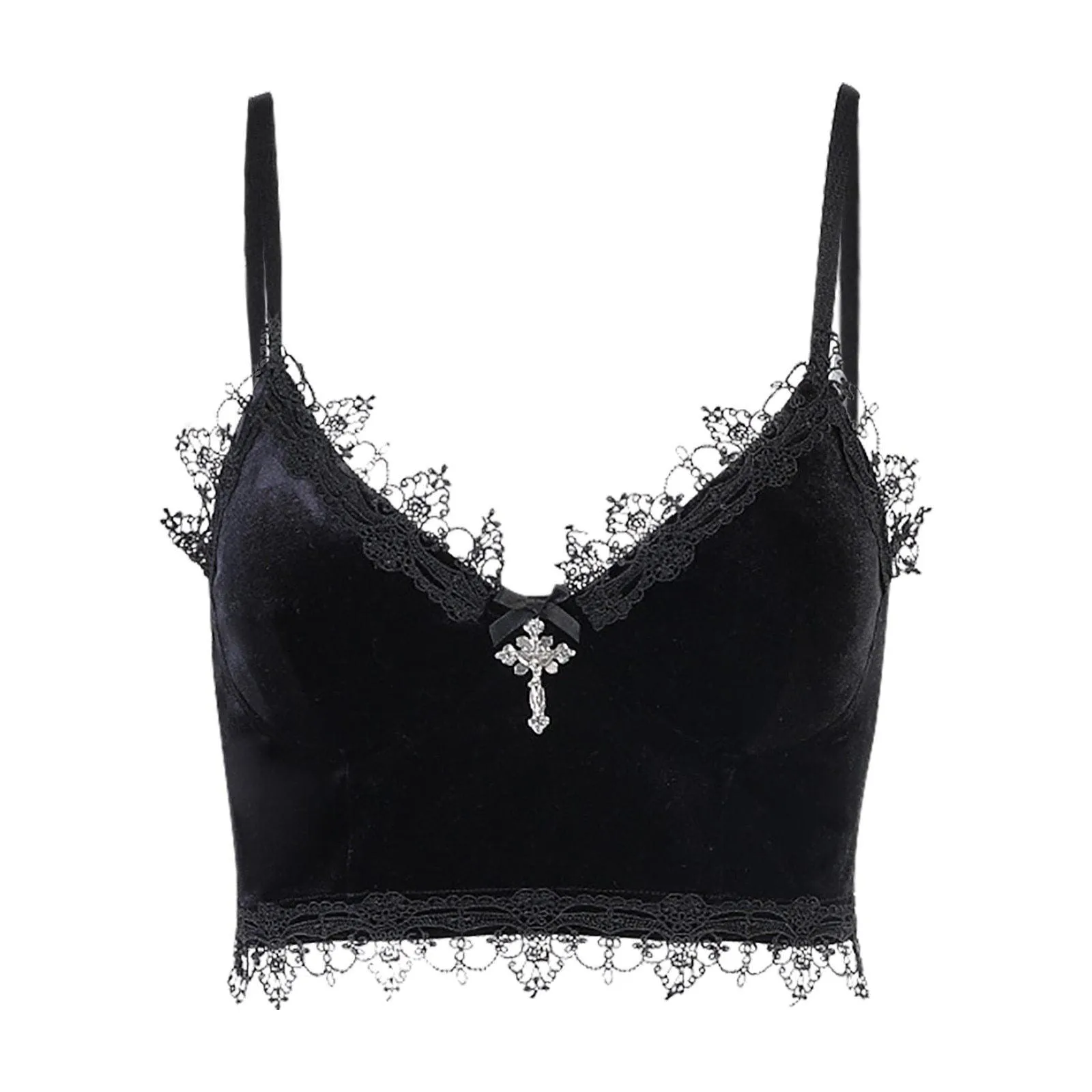 Gothic Velvet Camisole - with Lace, Ribbon and Crucifix Details Vintage - Ideal for Gothic Style Rock Punk Emo styling