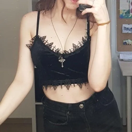 Gothic Velvet Camisole - with Lace, Ribbon and Crucifix Details Vintage - Ideal for Gothic Style Rock Punk Emo styling