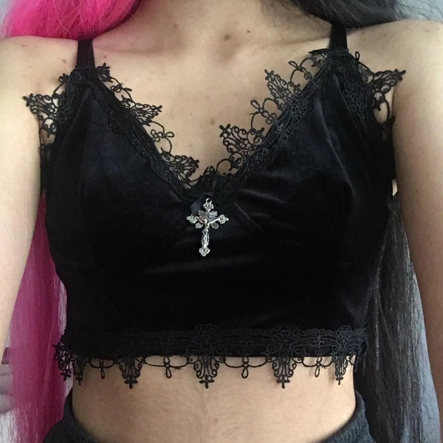 Gothic Velvet Camisole - with Lace, Ribbon and Crucifix Details Vintage - Ideal for Gothic Style Rock Punk Emo styling