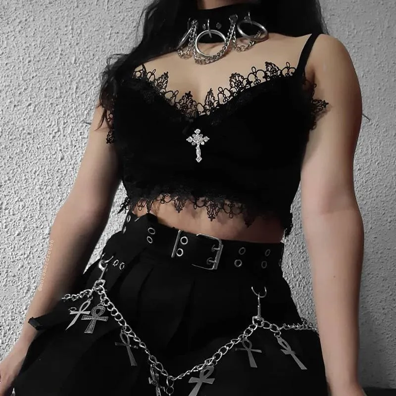 Gothic Velvet Camisole - with Lace, Ribbon and Crucifix Details Vintage - Ideal for Gothic Style Rock Punk Emo styling