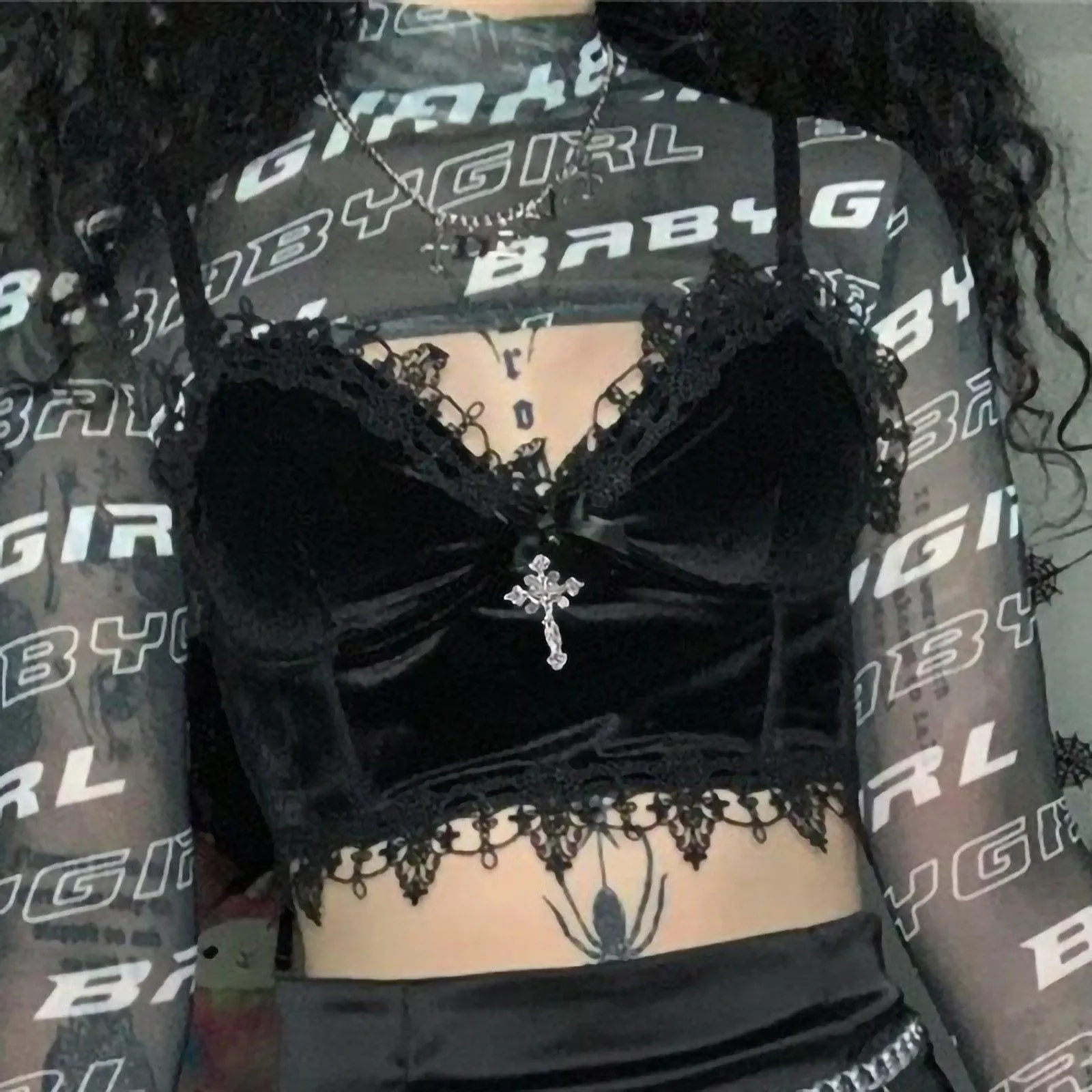 Gothic Velvet Camisole - with Lace, Ribbon and Crucifix Details Vintage - Ideal for Gothic Style Rock Punk Emo styling