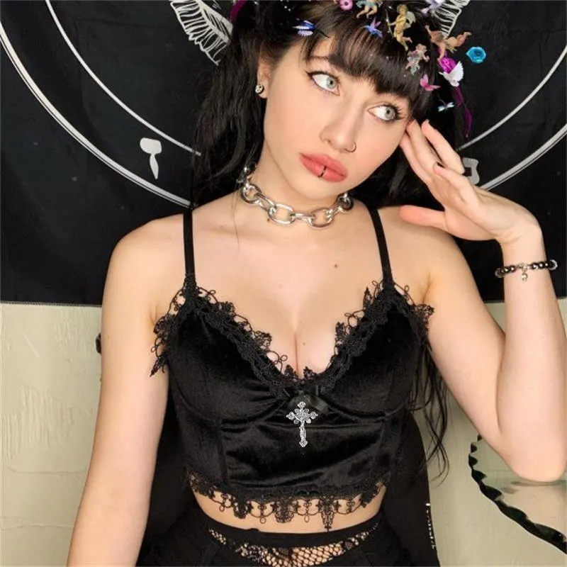 Gothic Velvet Camisole - with Lace, Ribbon and Crucifix Details Vintage - Ideal for Gothic Style Rock Punk Emo styling