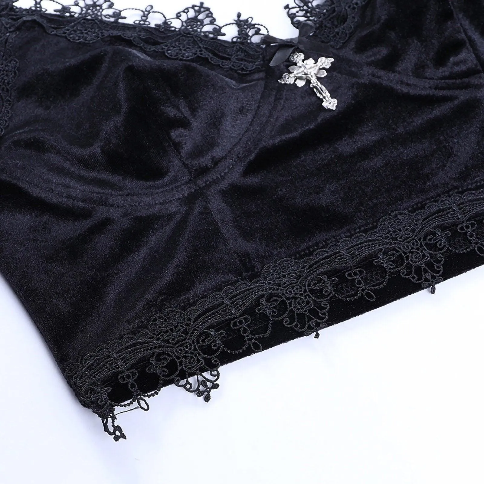 Gothic Velvet Camisole - with Lace, Ribbon and Crucifix Details Vintage - Ideal for Gothic Style Rock Punk Emo styling