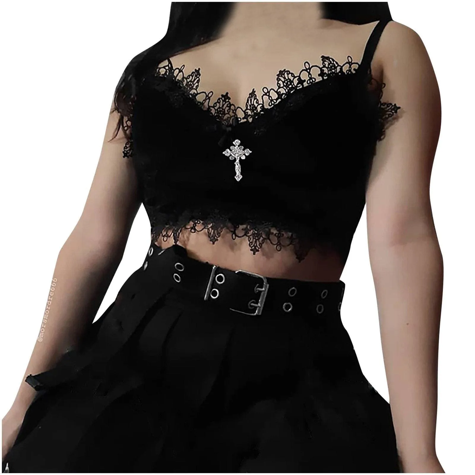 Gothic Velvet Camisole - with Lace, Ribbon and Crucifix Details Vintage - Ideal for Gothic Style Rock Punk Emo styling
