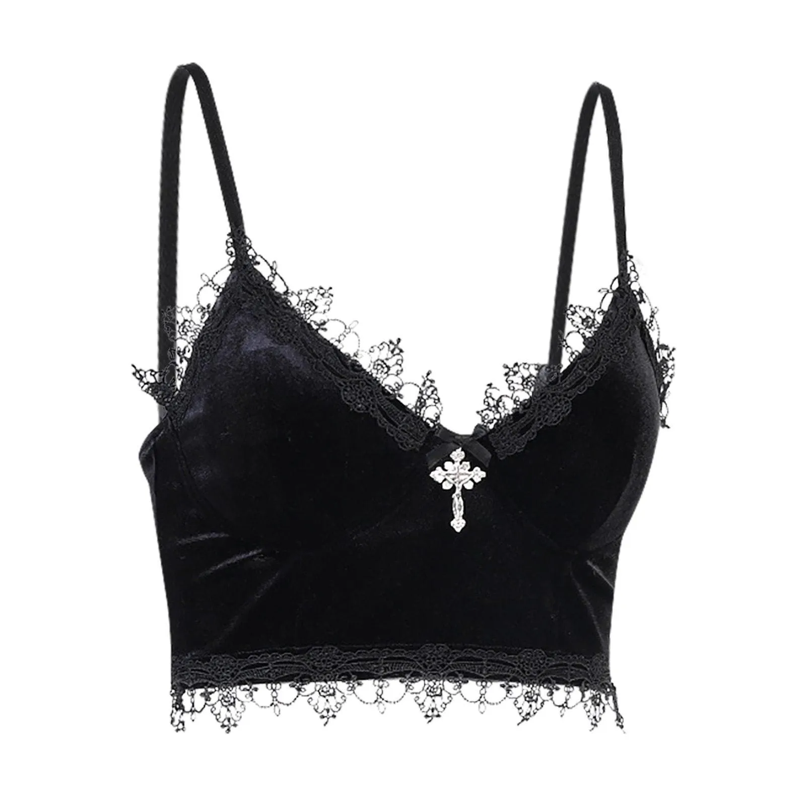 Gothic Velvet Camisole - with Lace, Ribbon and Crucifix Details Vintage - Ideal for Gothic Style Rock Punk Emo styling