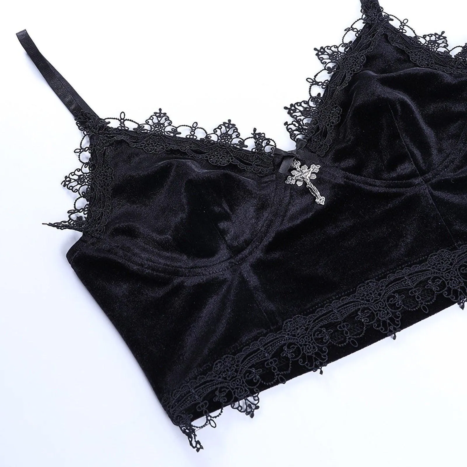 Gothic Velvet Camisole - with Lace, Ribbon and Crucifix Details Vintage - Ideal for Gothic Style Rock Punk Emo styling