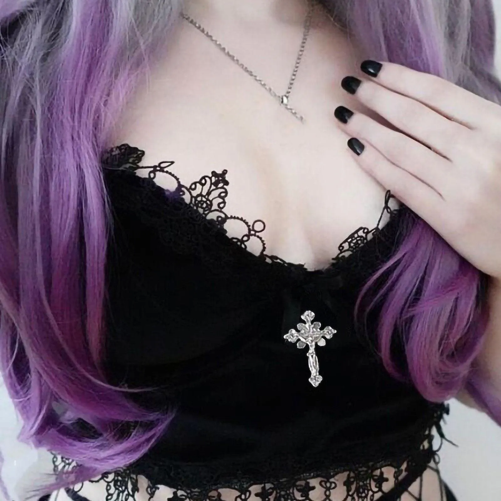 Gothic Velvet Camisole - with Lace, Ribbon and Crucifix Details Vintage - Ideal for Gothic Style Rock Punk Emo styling