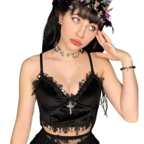 Gothic Velvet Camisole - with Lace, Ribbon and Crucifix Details Vintage - Ideal for Gothic Style Rock Punk Emo styling