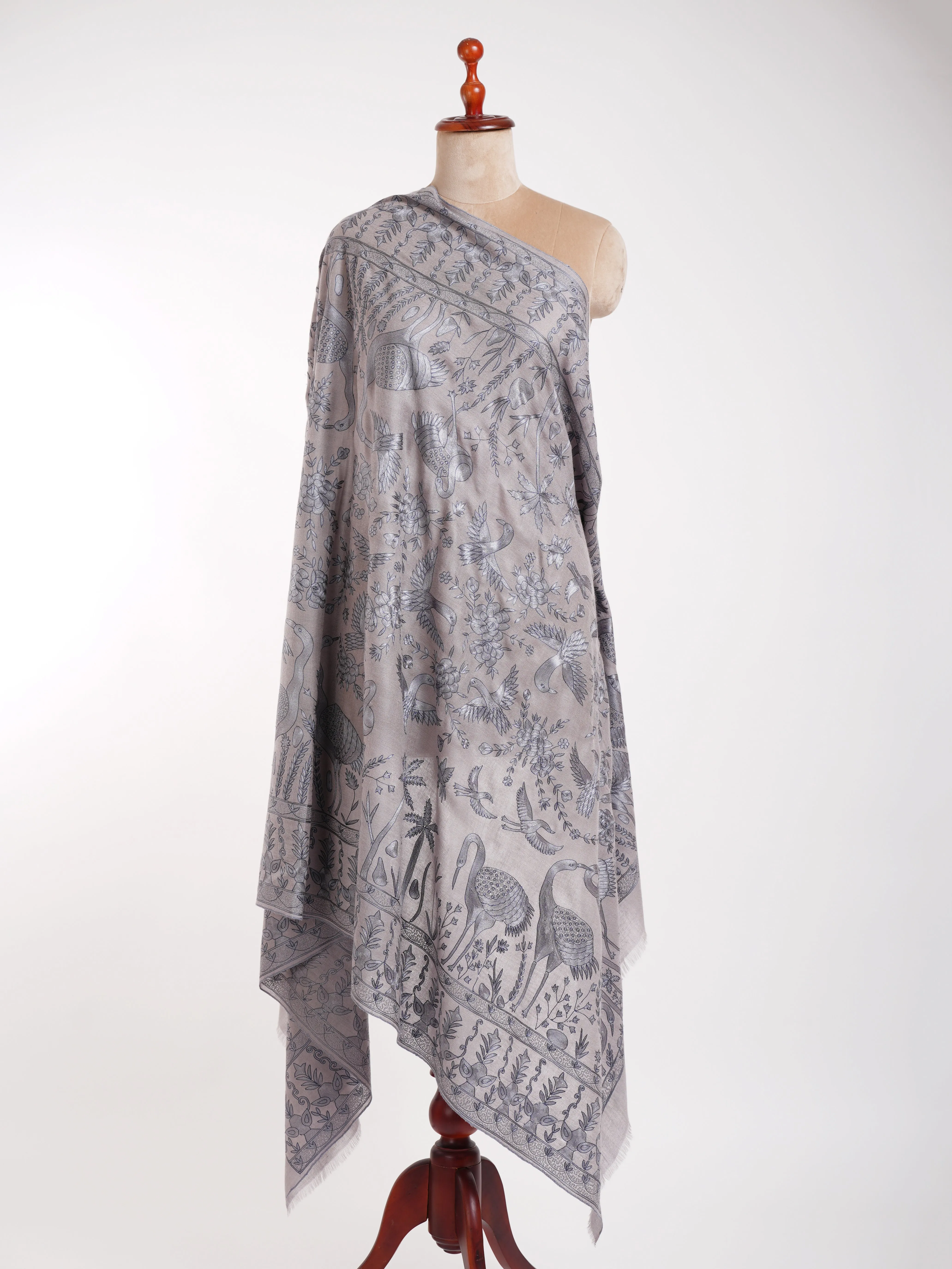 Gray Birds Hand Embroidered Pashmina Shawl