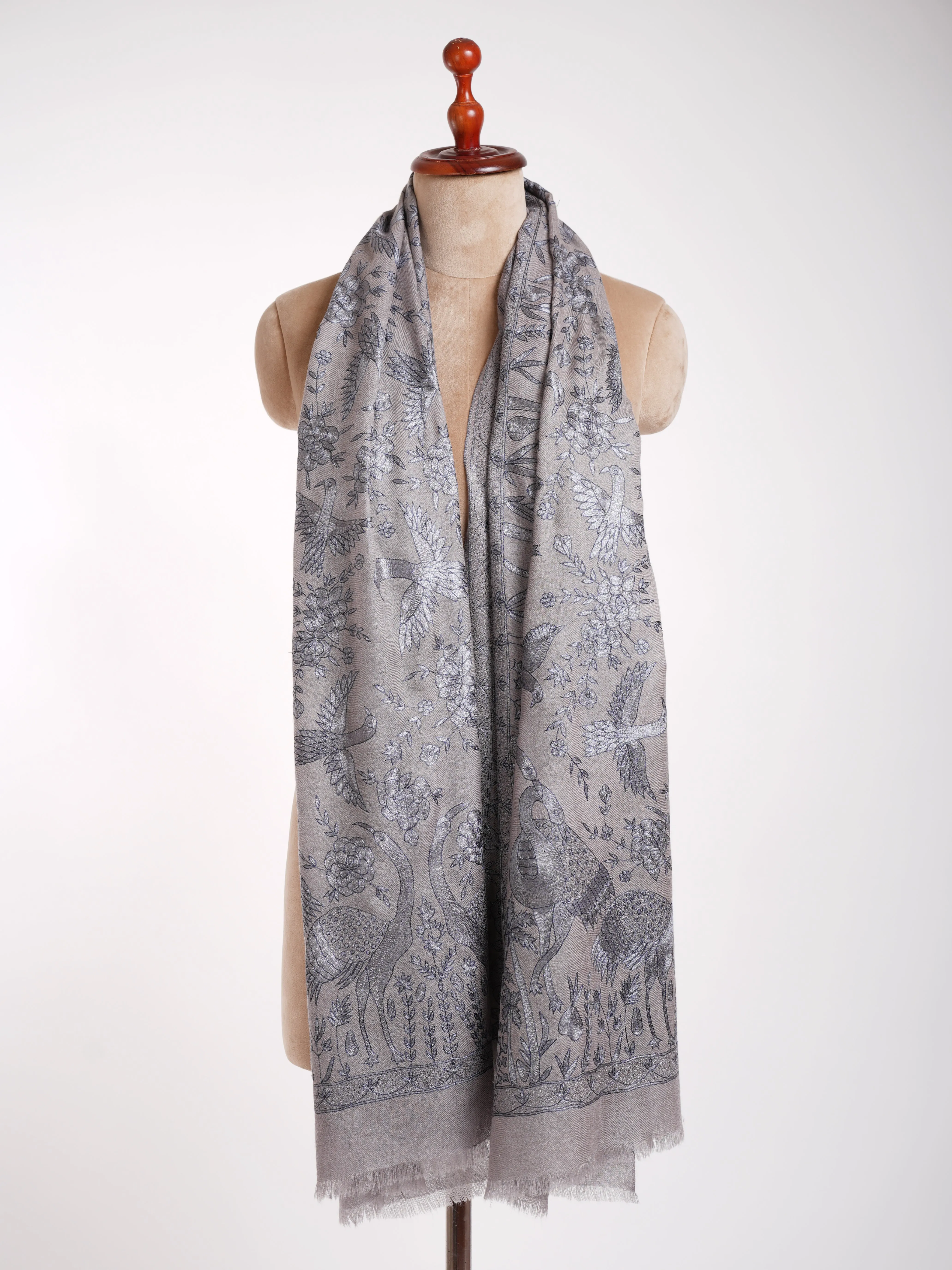 Gray Birds Hand Embroidered Pashmina Shawl