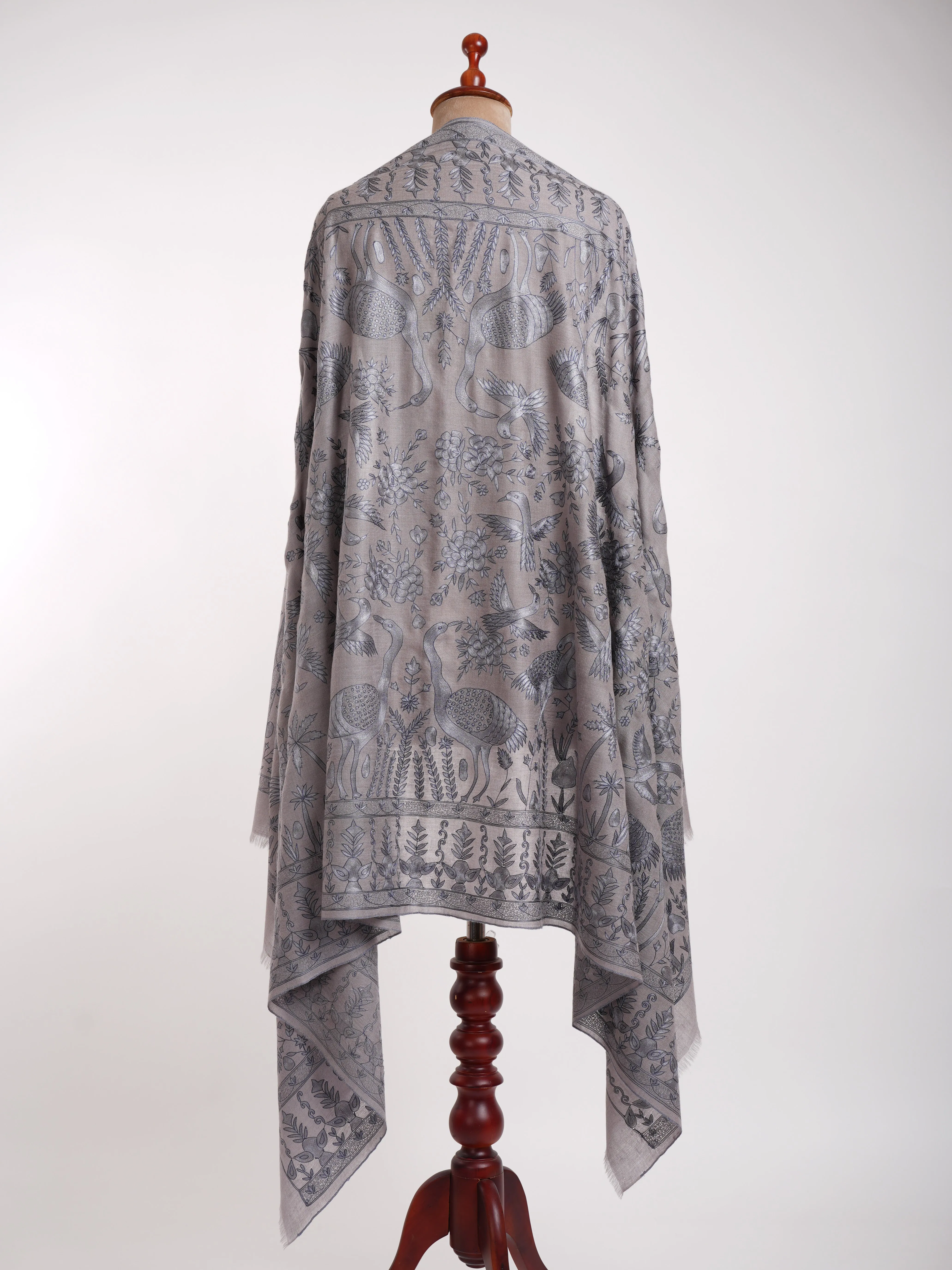 Gray Birds Hand Embroidered Pashmina Shawl