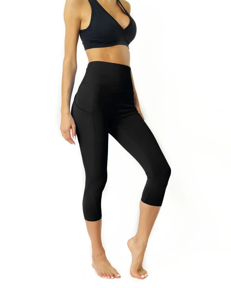 High Waisted Yoga Capri Leggings - Black