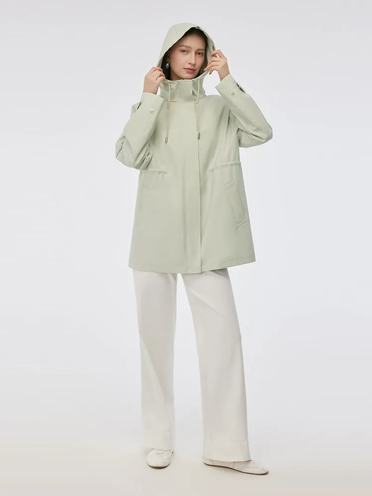 Hooded Stand Collar Gathered Waist Women Trench Coat