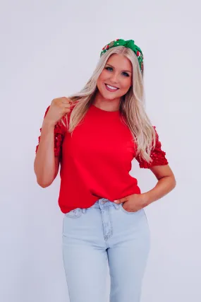 Illy Sequin Puff Sleeve Top - Red