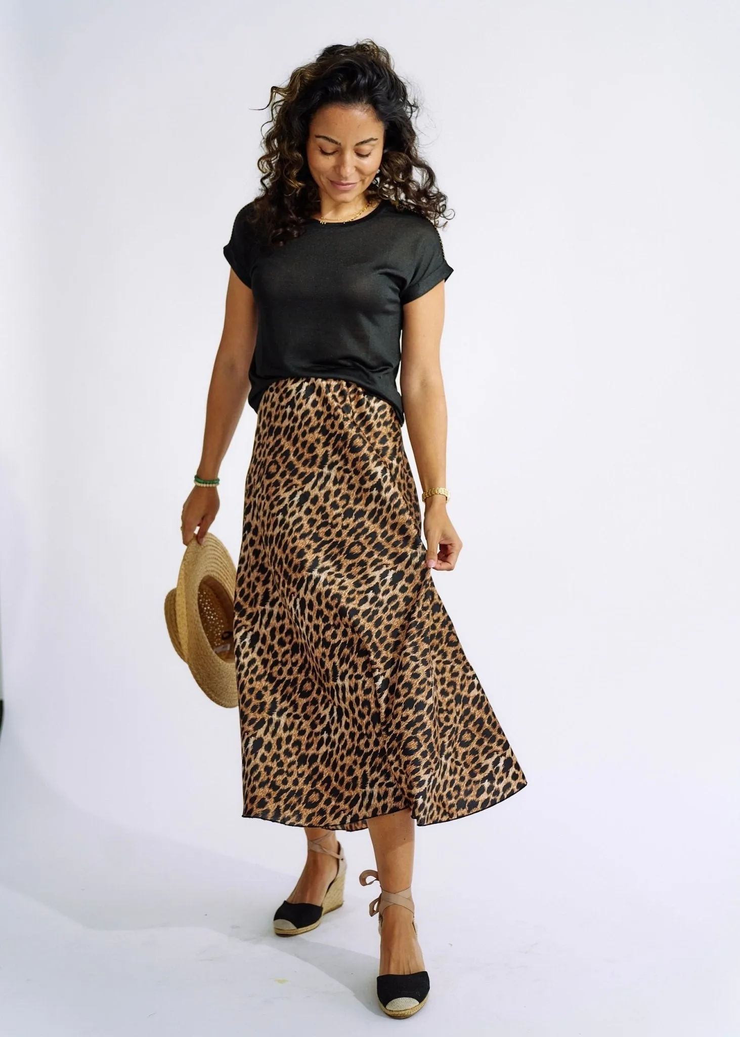Italian Satin Skirt in Leopard Print