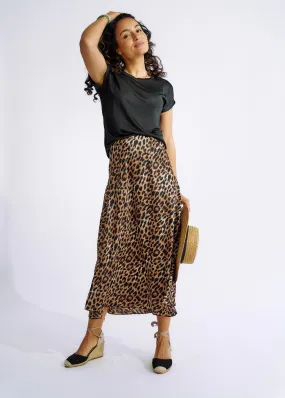 Italian Satin Skirt in Leopard Print
