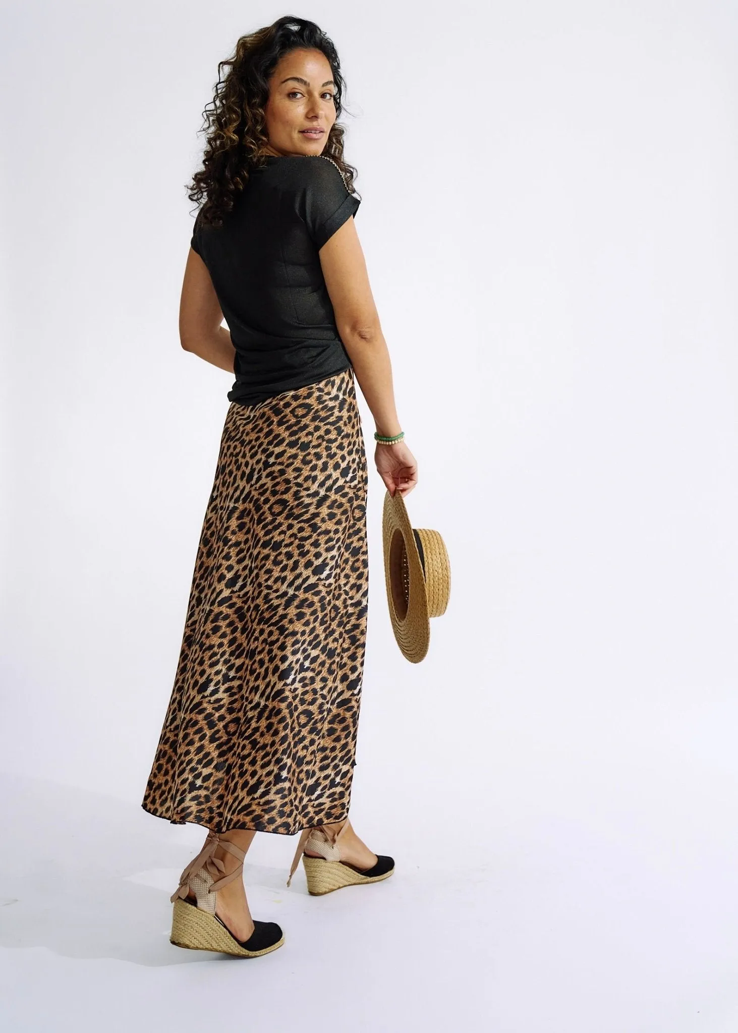 Italian Satin Skirt in Leopard Print