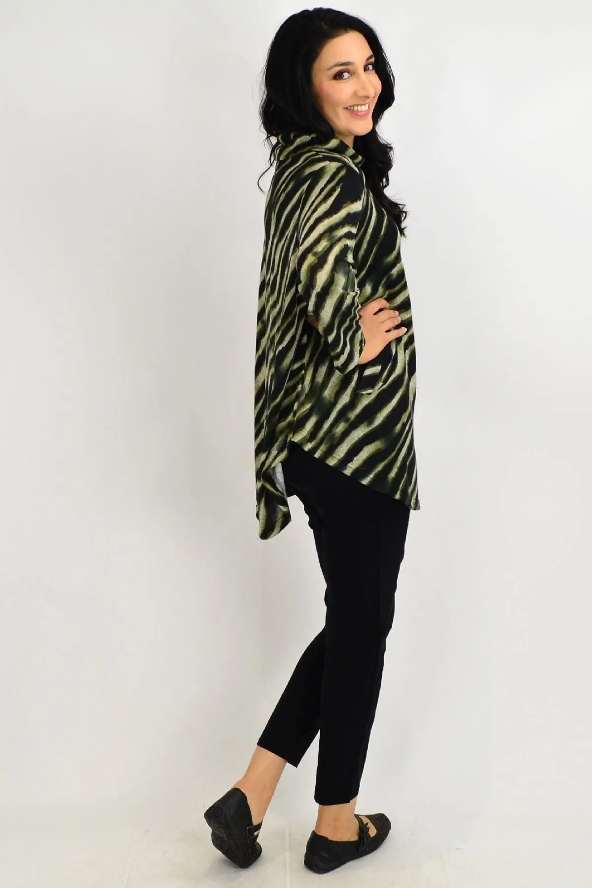 Khaki Rolled Neck Zebra Tunic Top