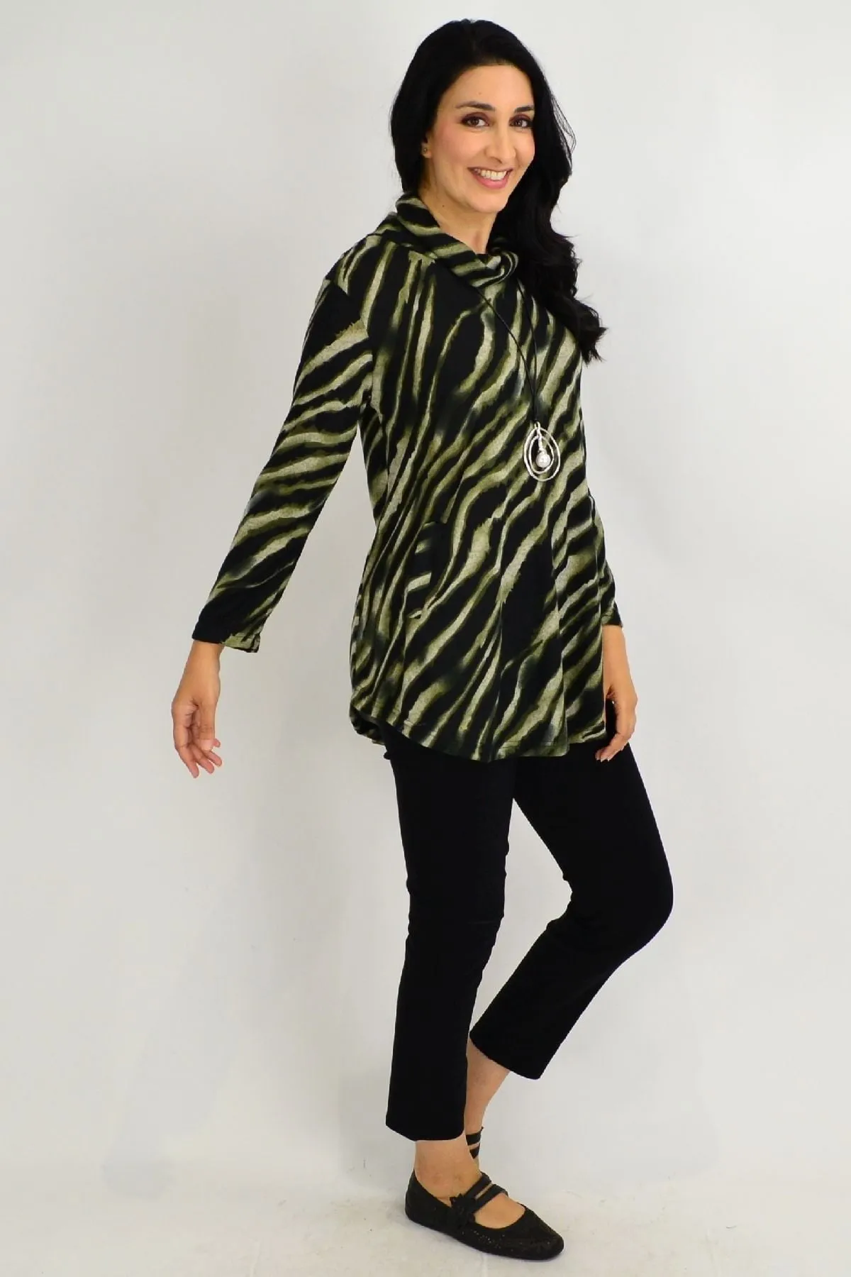 Khaki Rolled Neck Zebra Tunic Top