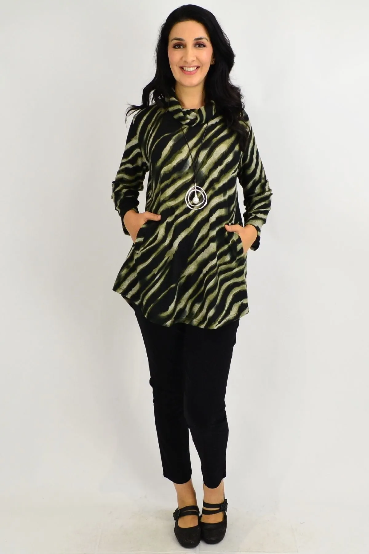 Khaki Rolled Neck Zebra Tunic Top