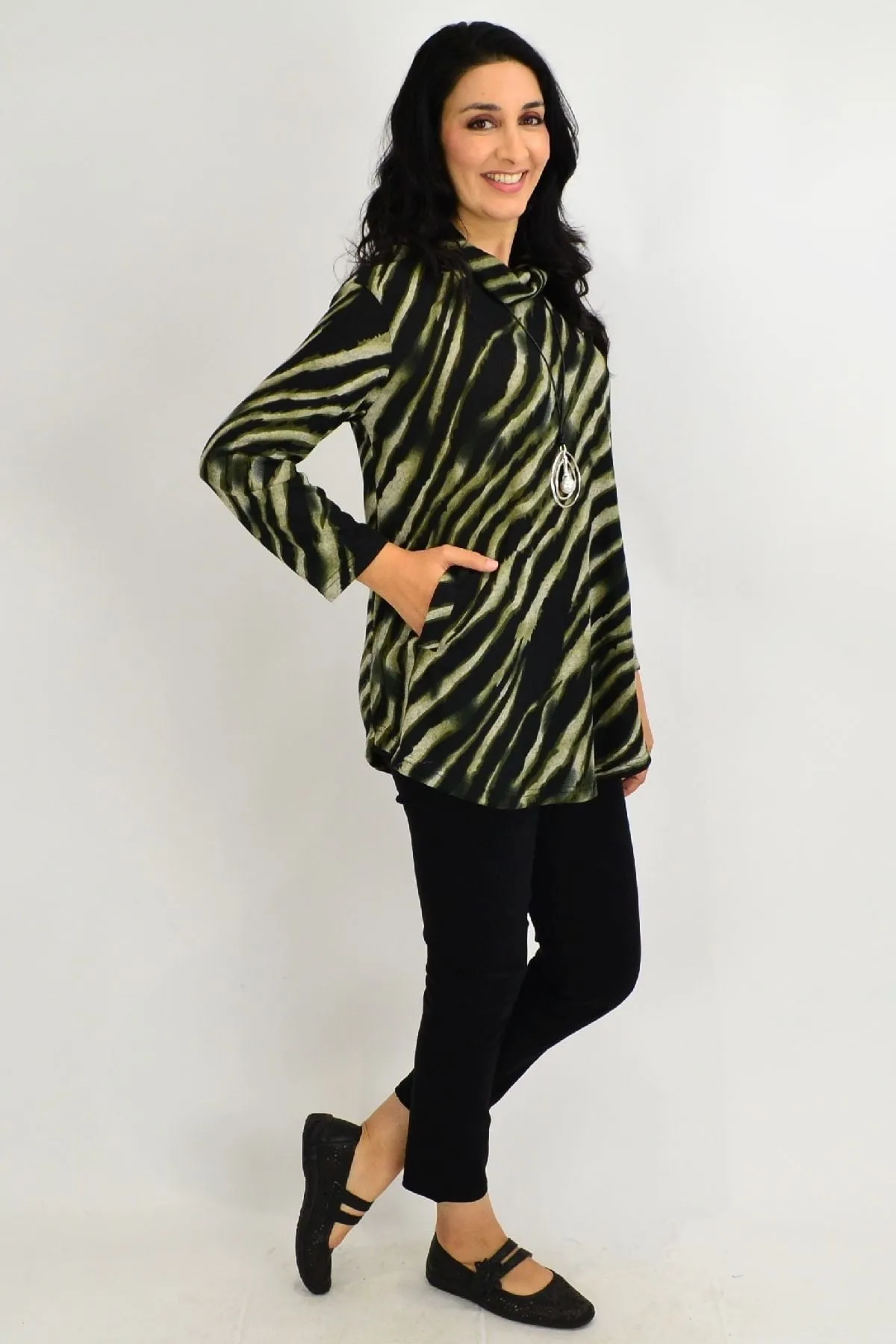 Khaki Rolled Neck Zebra Tunic Top