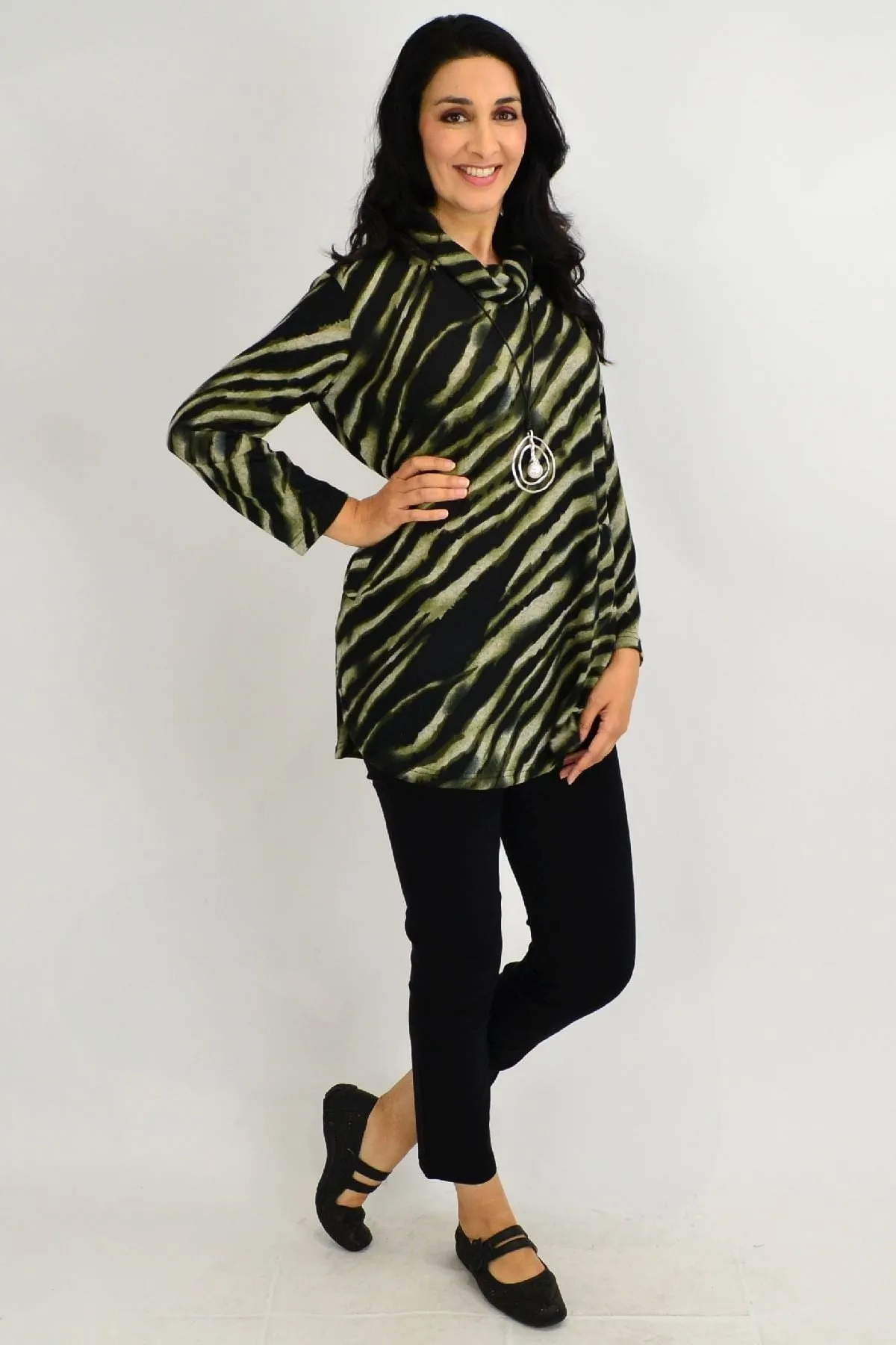Khaki Rolled Neck Zebra Tunic Top